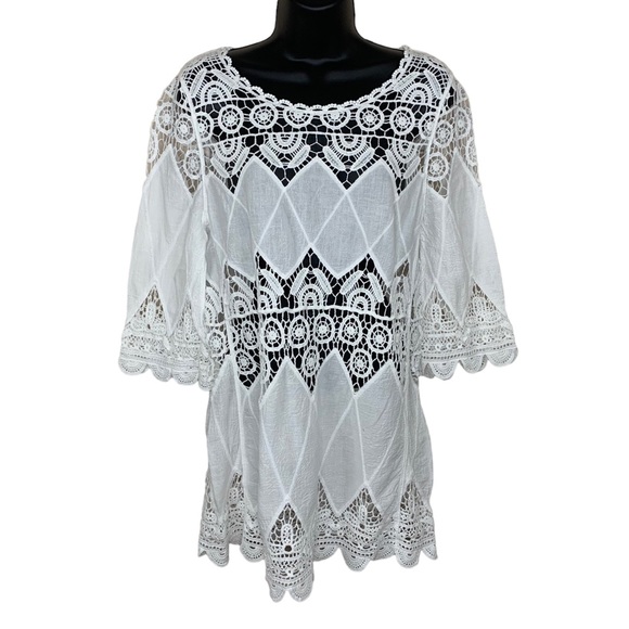 White Lace Cotton Tunic Blouse Top Medium Boho Cottage Half Sleeve Beach - Picture 1 of 8